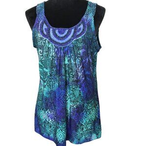 Fashion Bug Beaded Neckline Sleeveless Silky Top, Purple Green Print, Size L
